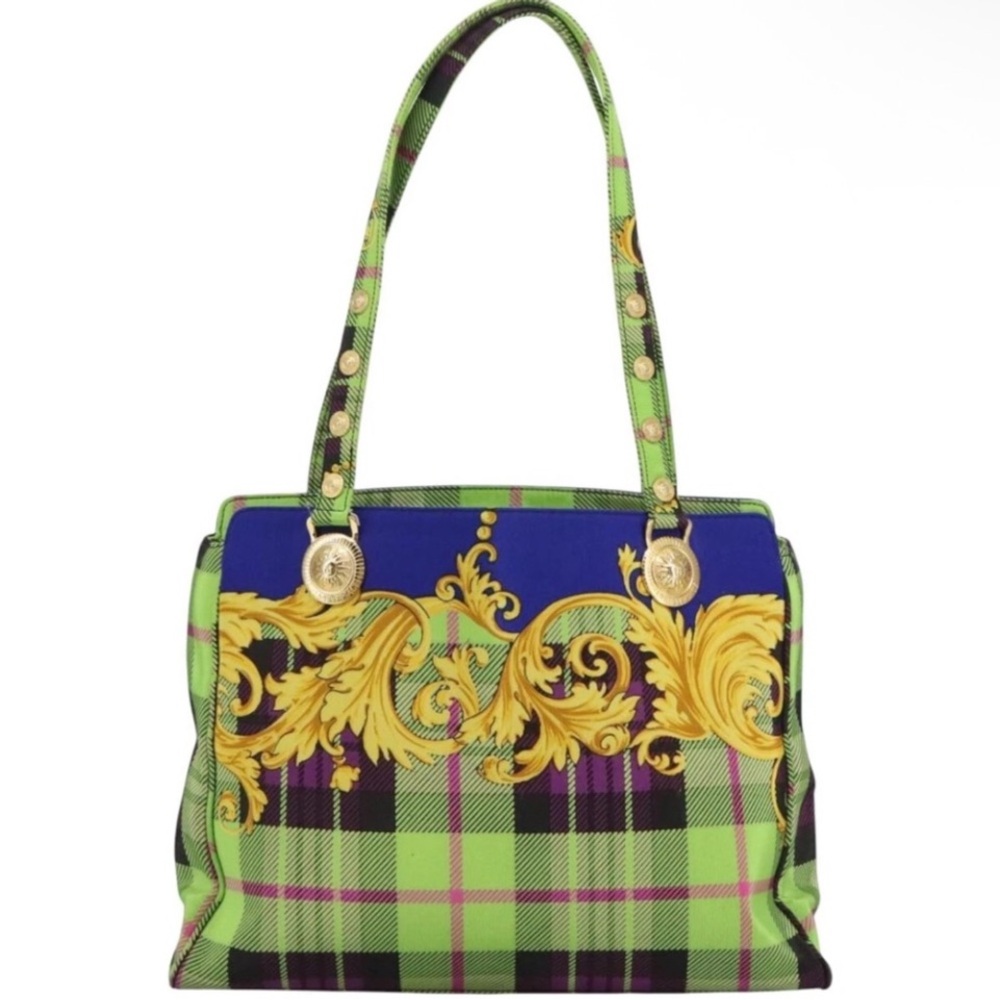 Versace Green and Blue Plaid Tote Bag - Picture 2 of 11